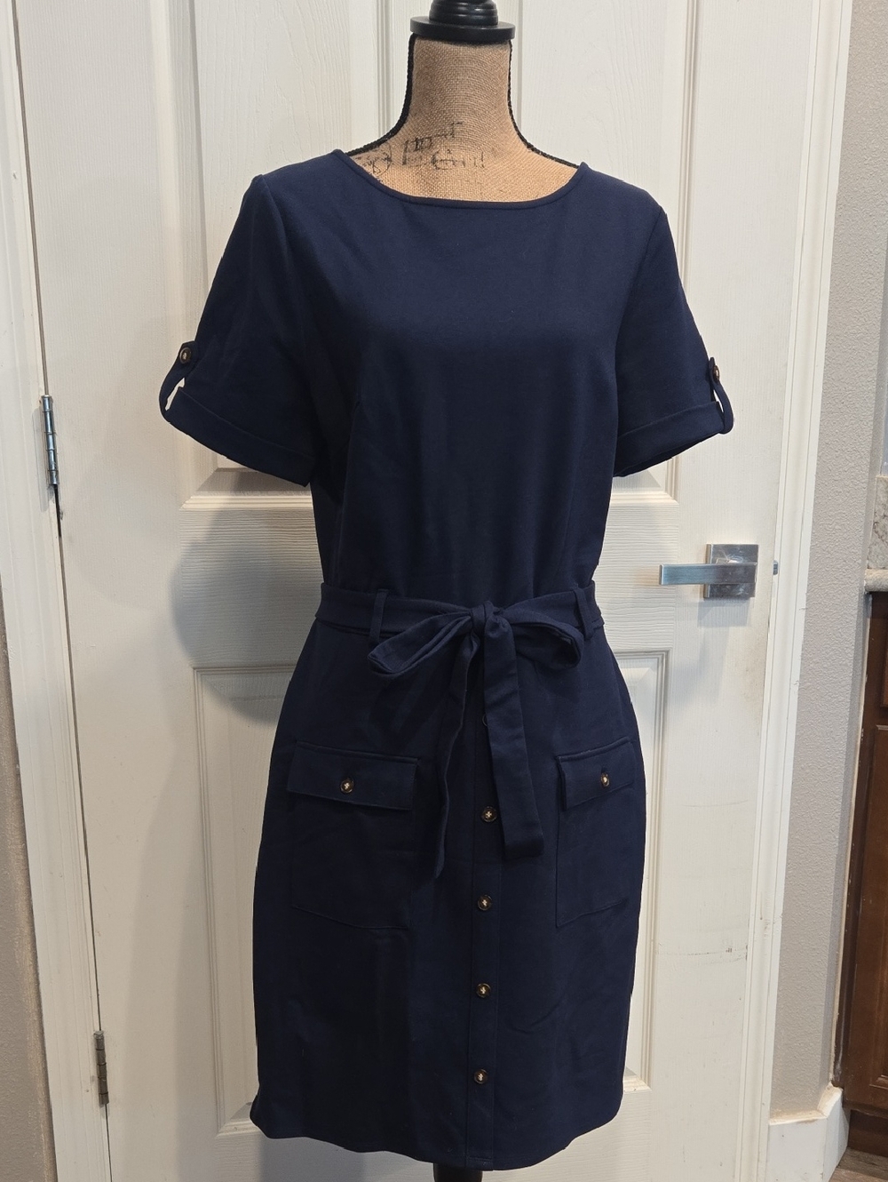 Navy Tie-Waist Midi Dress with Short Sleeves